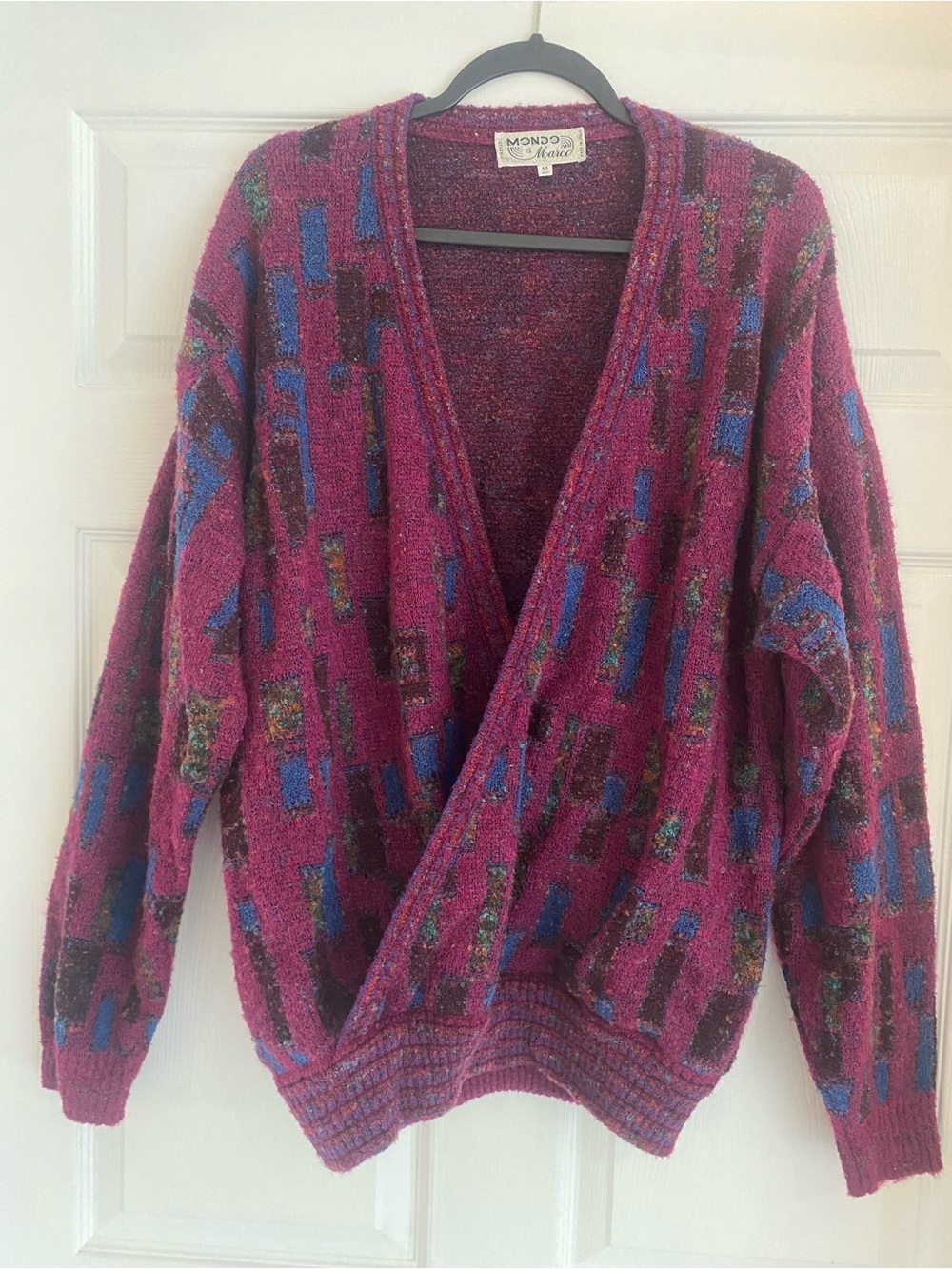 Vintage Mondo di Marco Men's Magenta Patterned V‑Neck Mohair Wool Cardigan